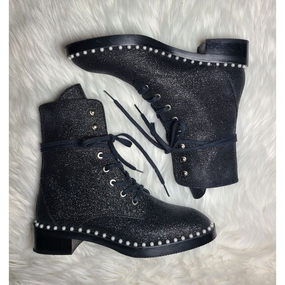 Stuart Weitzman|Sondra Bead Embellished Black Glitter Combat Boots, 6 - Picture 8 of 16